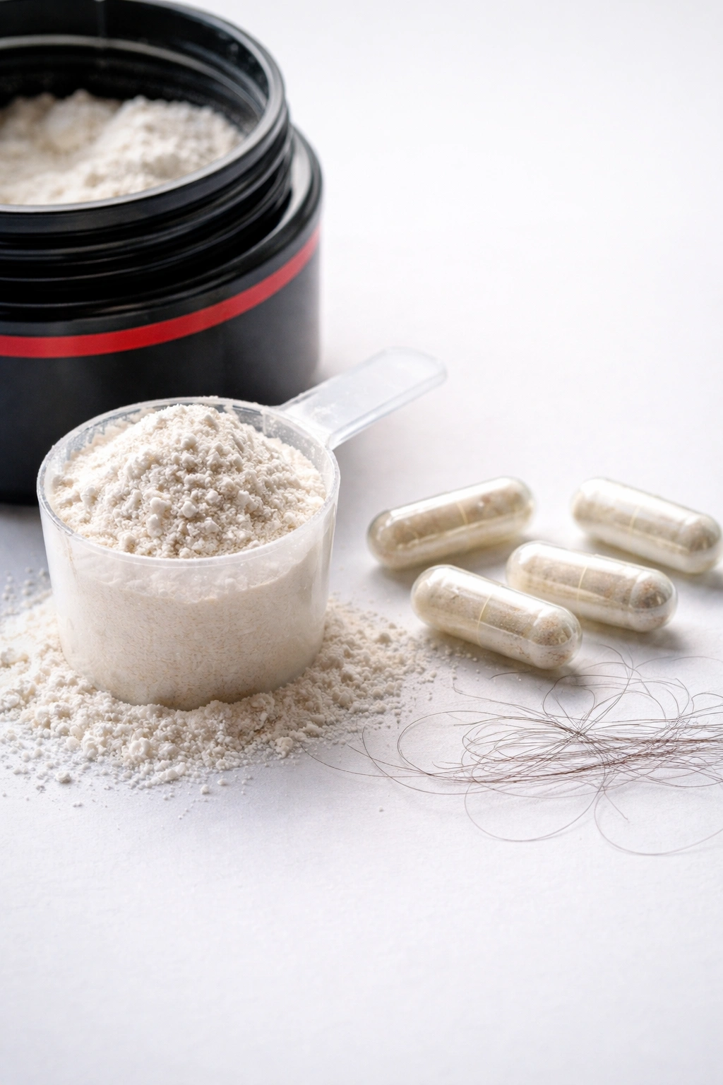 Capsules and a scoop for pre-workout supplements on a clean surface