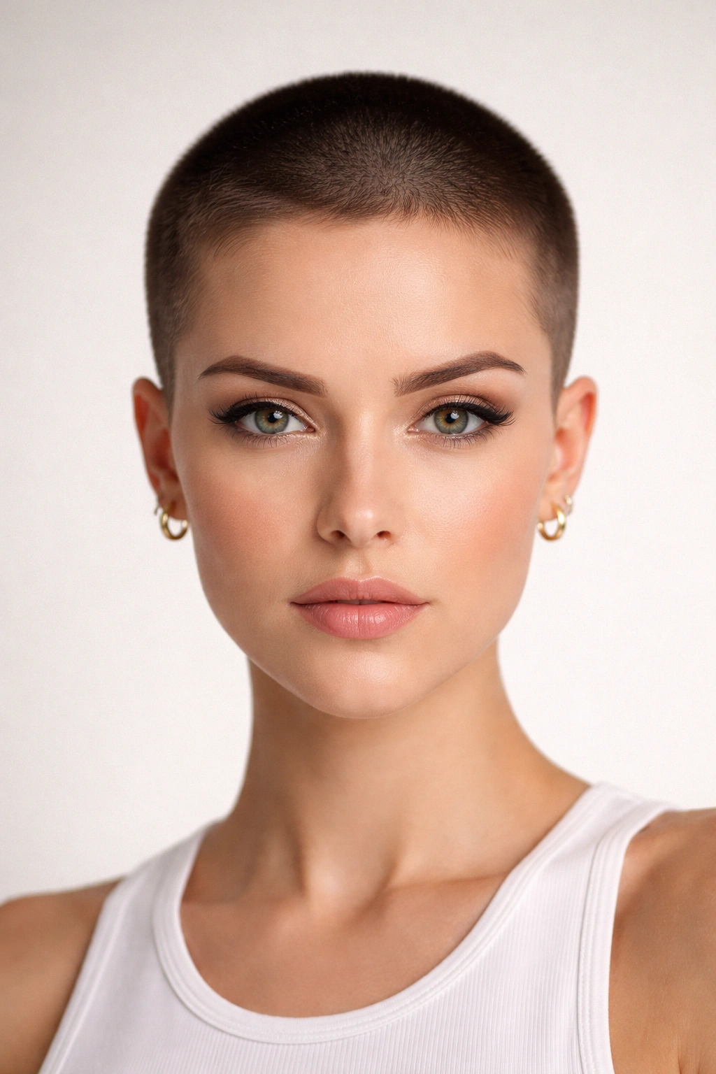 Head-on portrait of a model with a precise, ultra-short crop