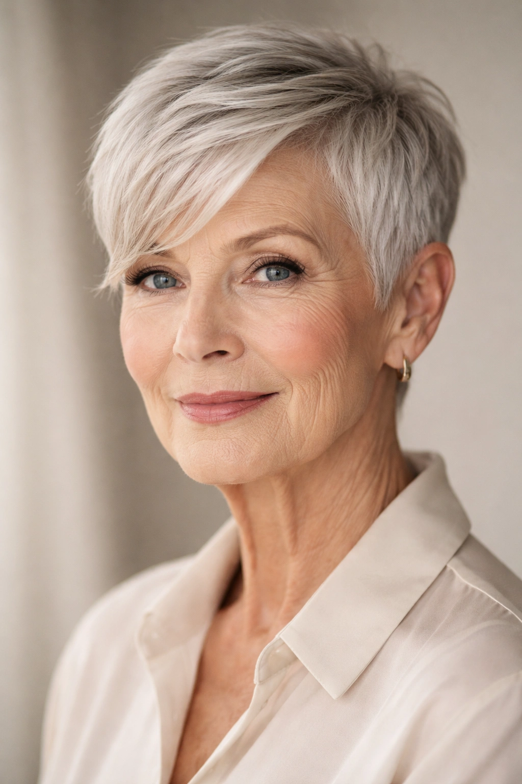 15 Hairstyles For Women Over 70 With Fine Hair 14 Close-up of a short precision crop with a longer side-swept piece on a mature woman.