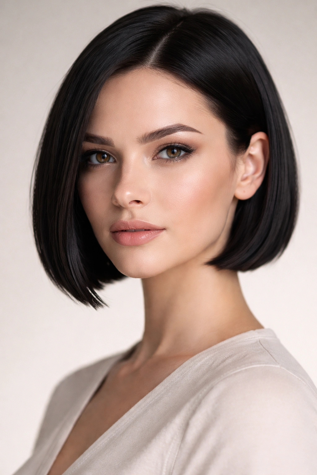 25 Short Haircuts Matched To Your Face Shape 12 Close-up portrait of a precision cropped bob at jawline for diamond-shaped faces in studio lighting