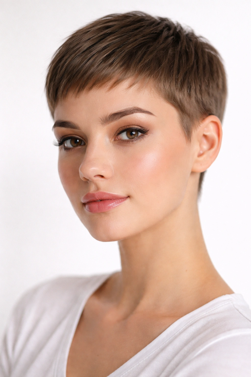 15 Pixie Styles Perfectly Suited To Round Faces 14 Close-up of a model with a precision-cut ultra-short pixie showcasing sharp, clean lines