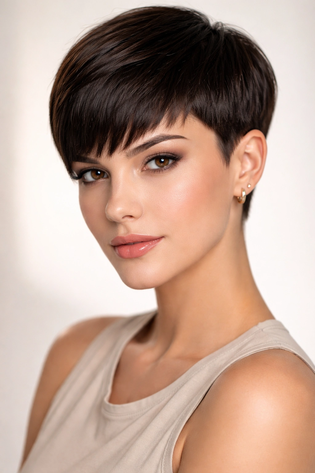 Portrait of a precise pixie with angled blunt bangs showing sharp lines