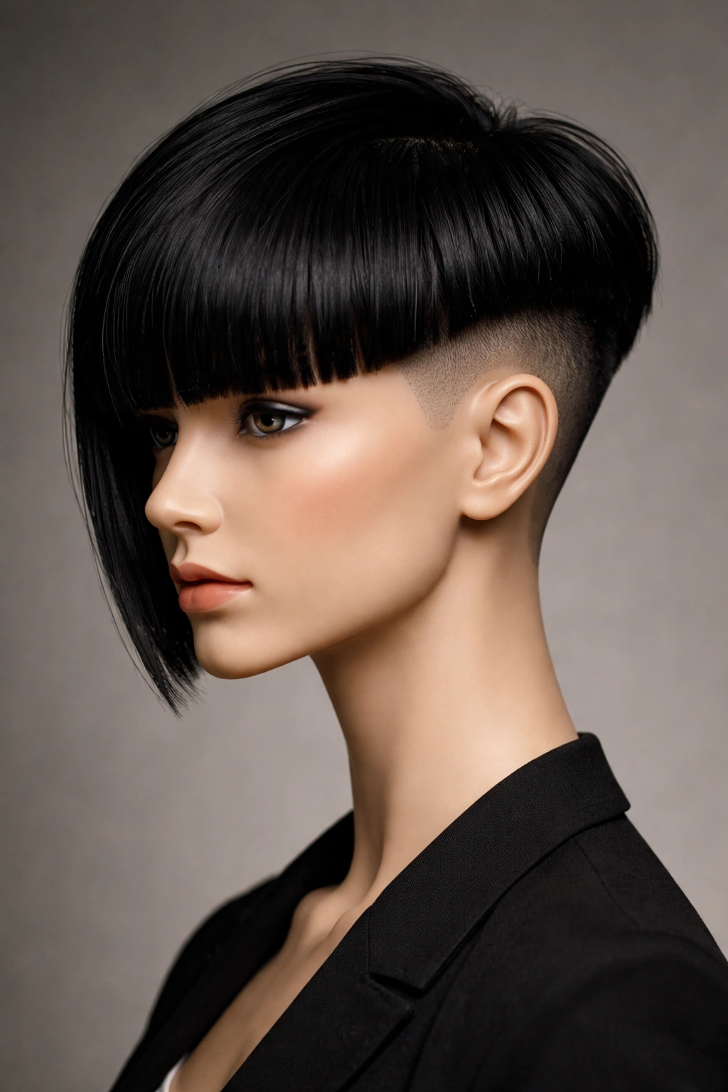 Precision undercut with bold blunt bangs on a head portrait