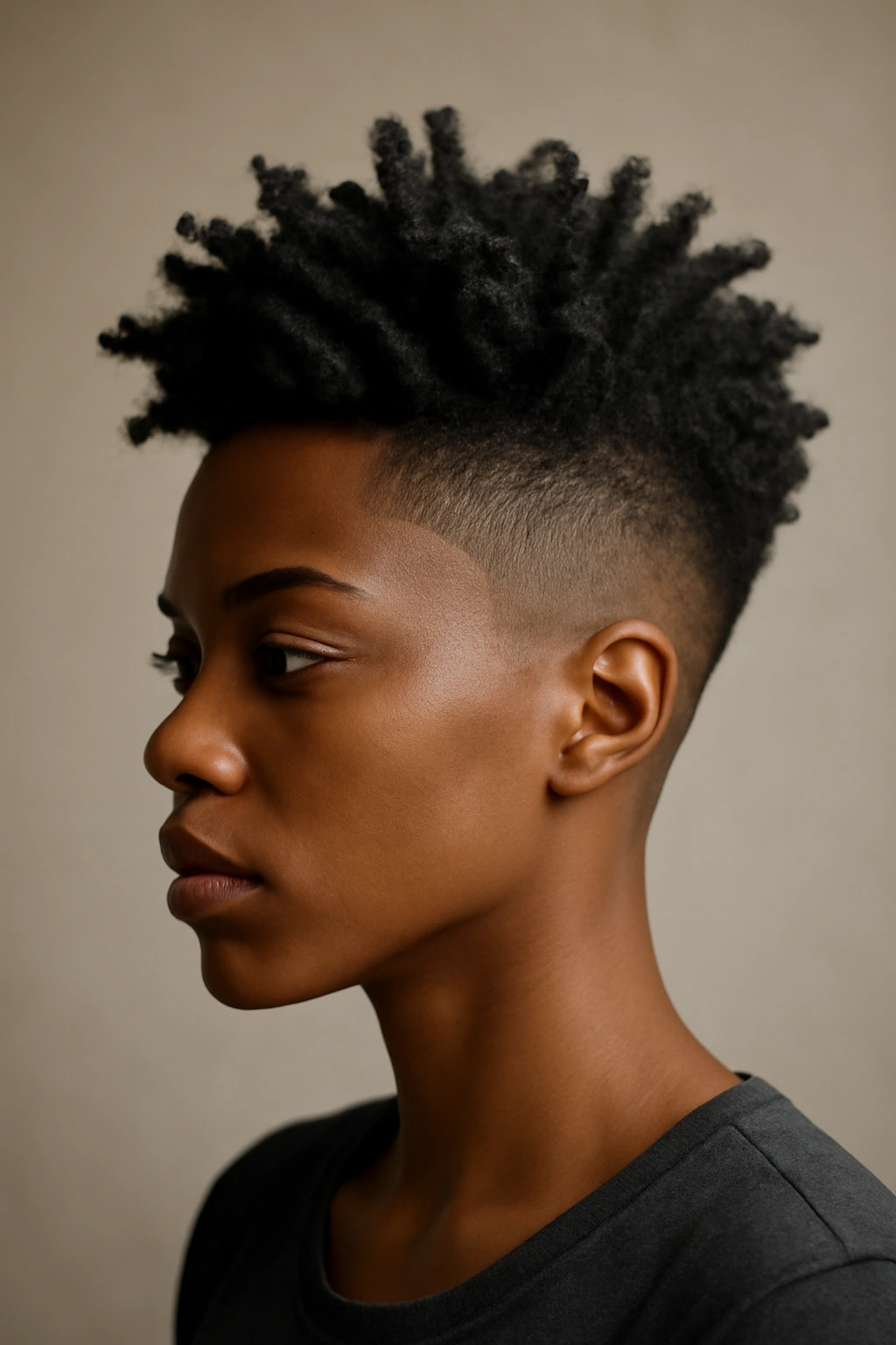 15 Tapered Cuts for Natural Hair Sorted by Curl Type 15 Portrait of a person with an undercut and sculptural crown.