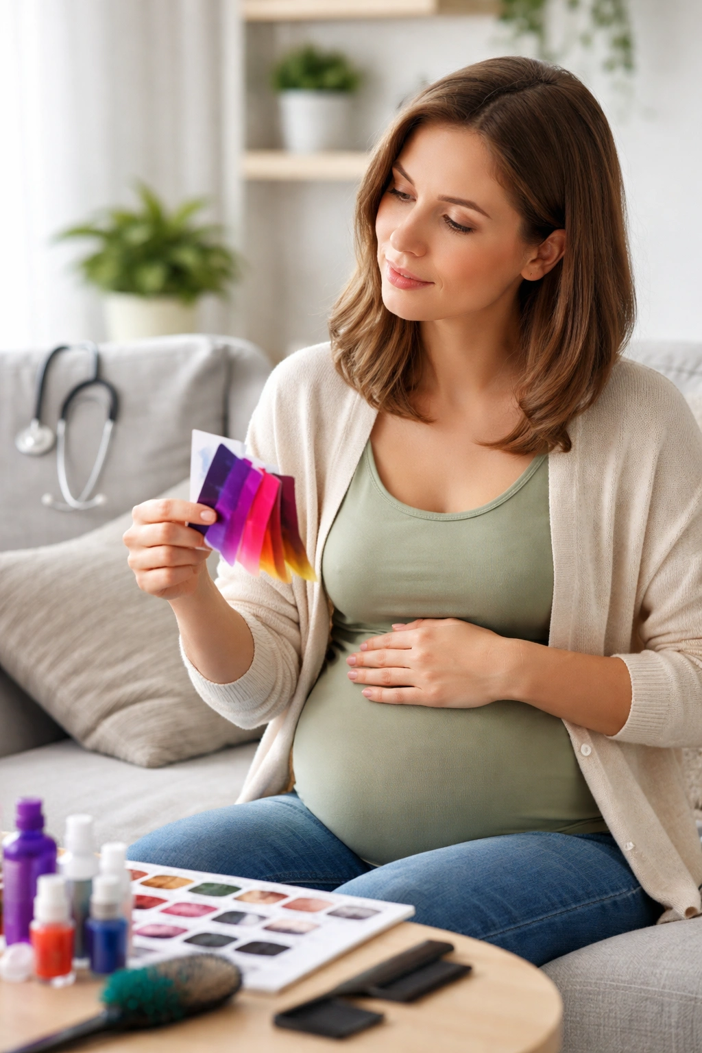 Pregnant person considering hair color options in a calm room with medical cues.