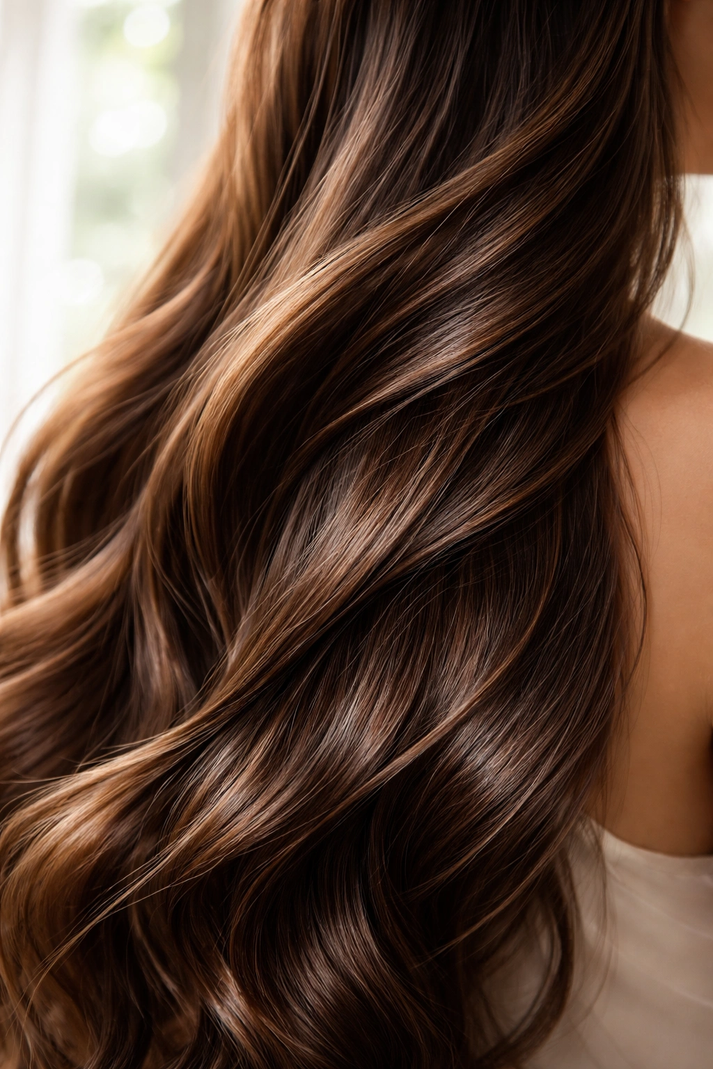 Close-up of thick, glossy hair strands during pregnancy highlighting growth