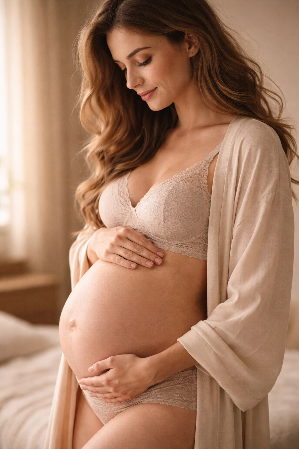 Pregnant person with subtle facial and body hair growth depicted in studio portrait.