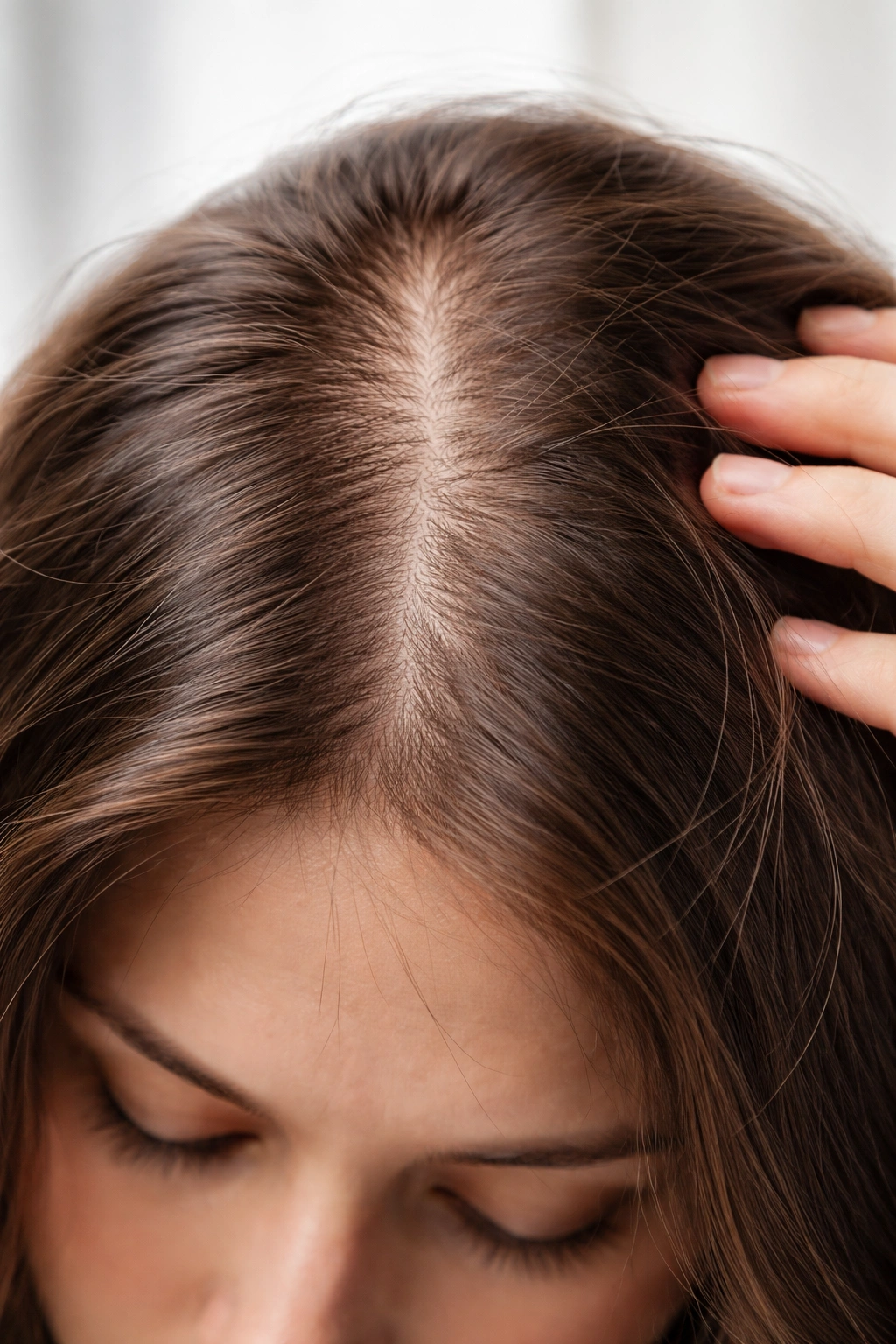 Scalp thinning along crown showing hair shedding during pregnancy