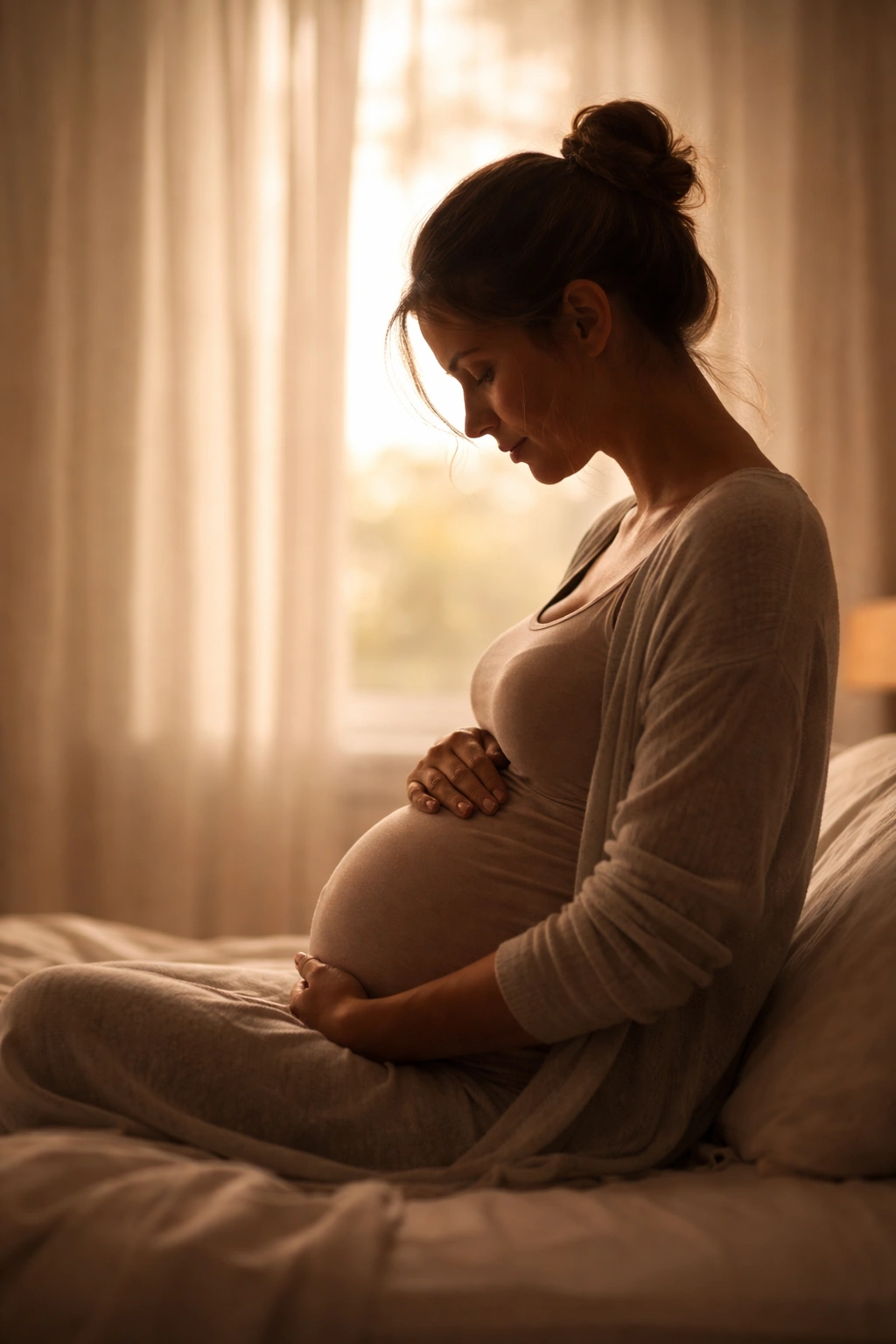 Silhouette of a pregnant person in a calm setting illustrating timing considerations