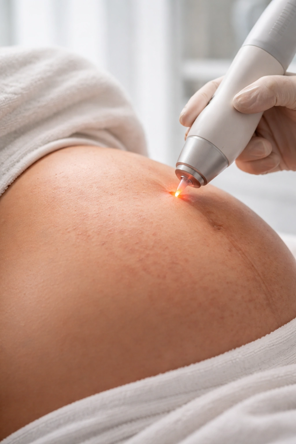 Sensitive skin close-up with laser exposure concept, illustrating risks during pregnancy.