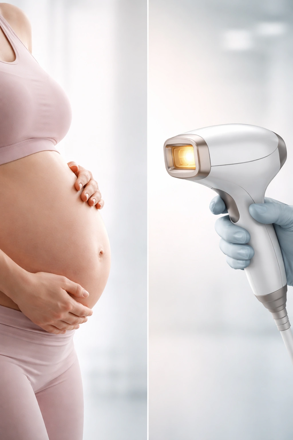 Pregnant silhouette beside a laser device, illustrating caution about laser hair removal during pregnancy.