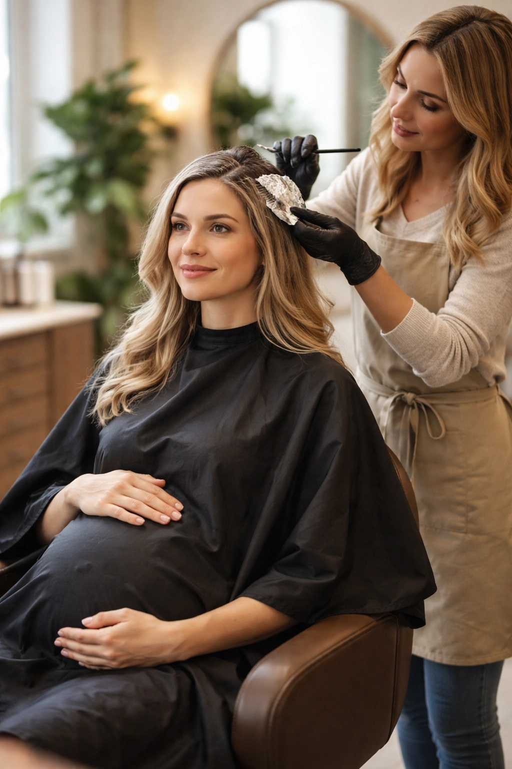 Pregnant person in a salon chair receiving a hair color application