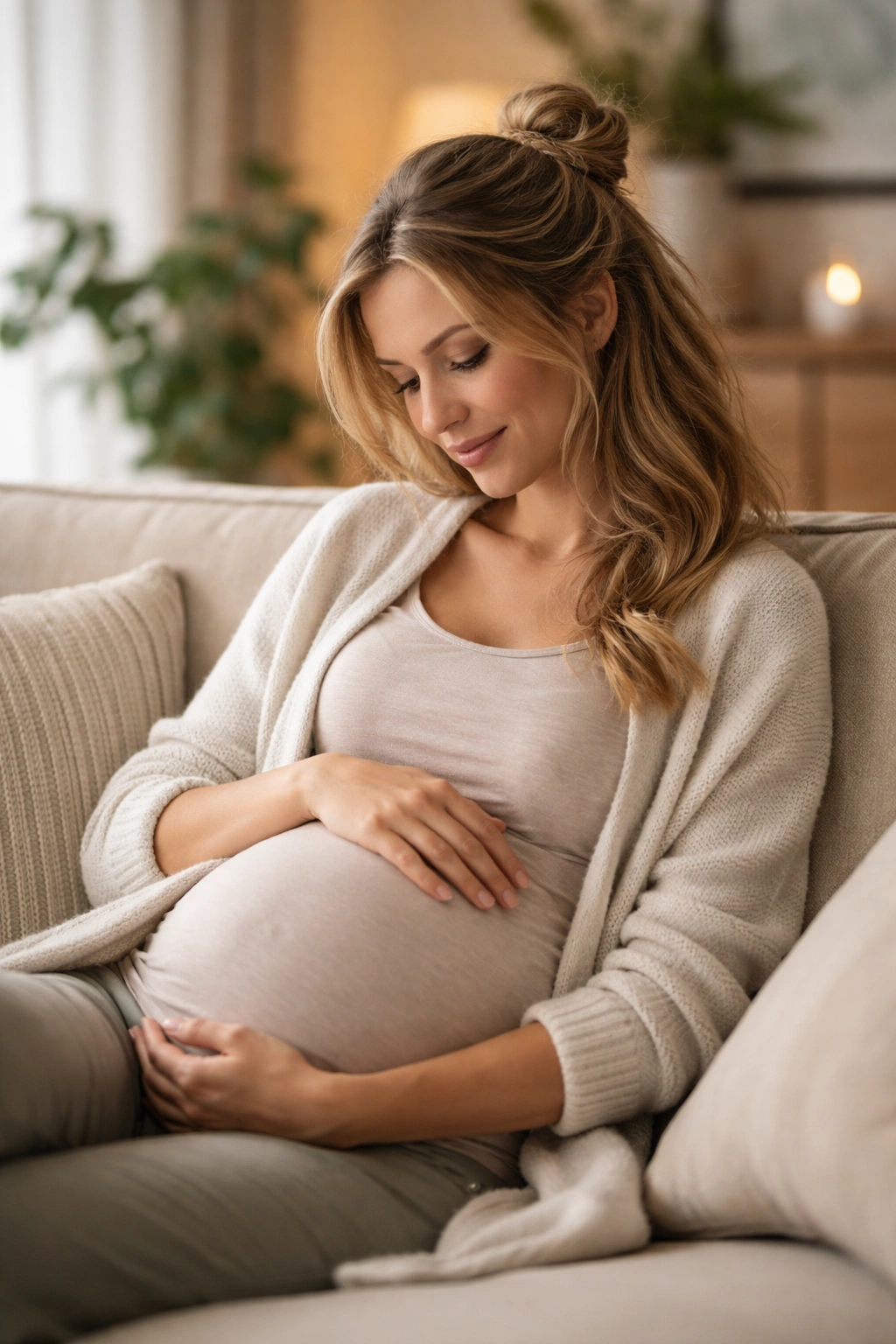 10 Easy Hairstyles For Pregnant Women To Love 11 Calm pregnant woman in a cozy room with simple hair and relaxed pose