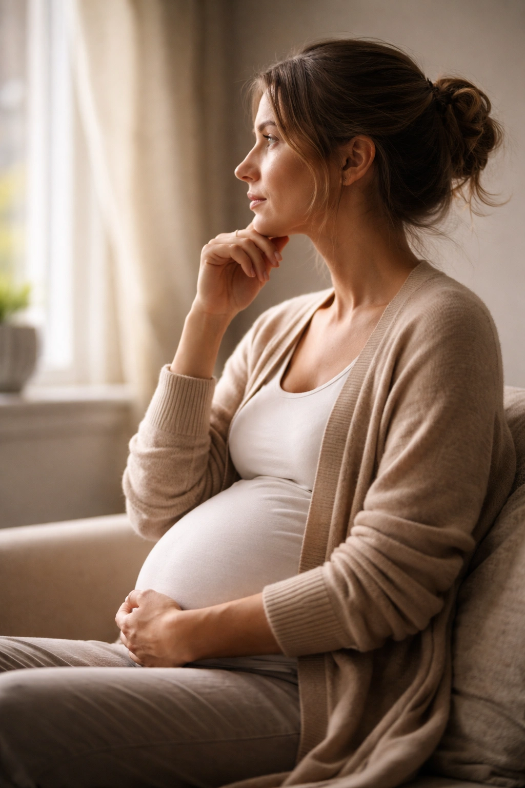 Pregnant silhouette in contemplative pose against soft background