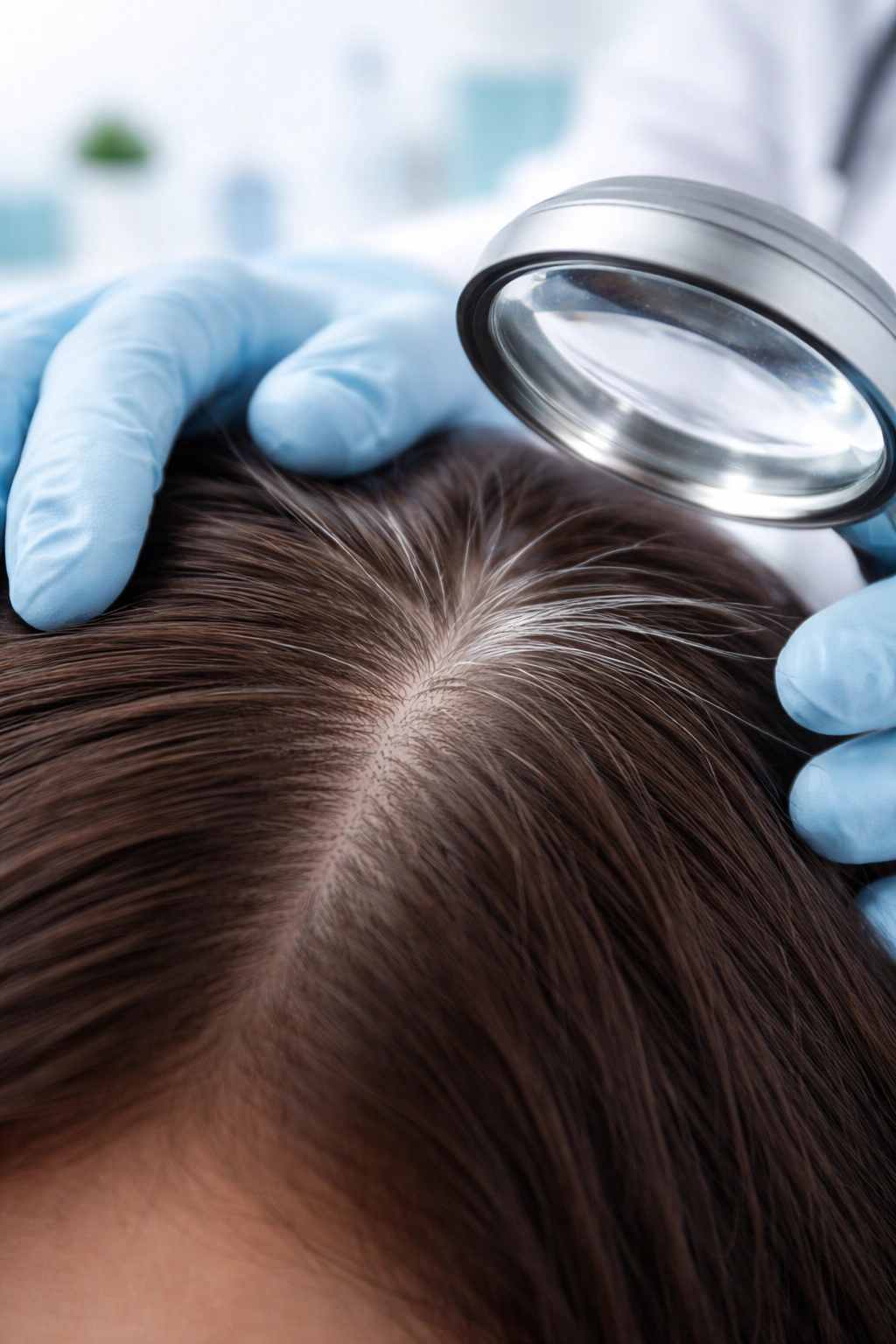 Clinical close-up of scalp with grey hairs in a medical setting