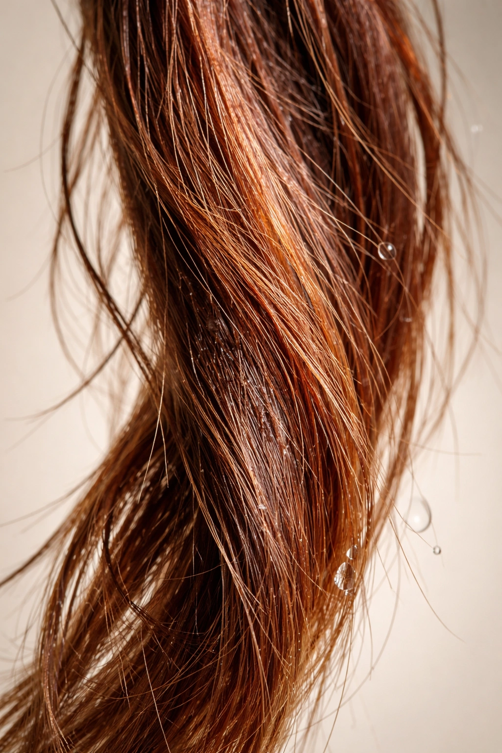 Color-treated hair strand showing dull color and rough texture from early washing