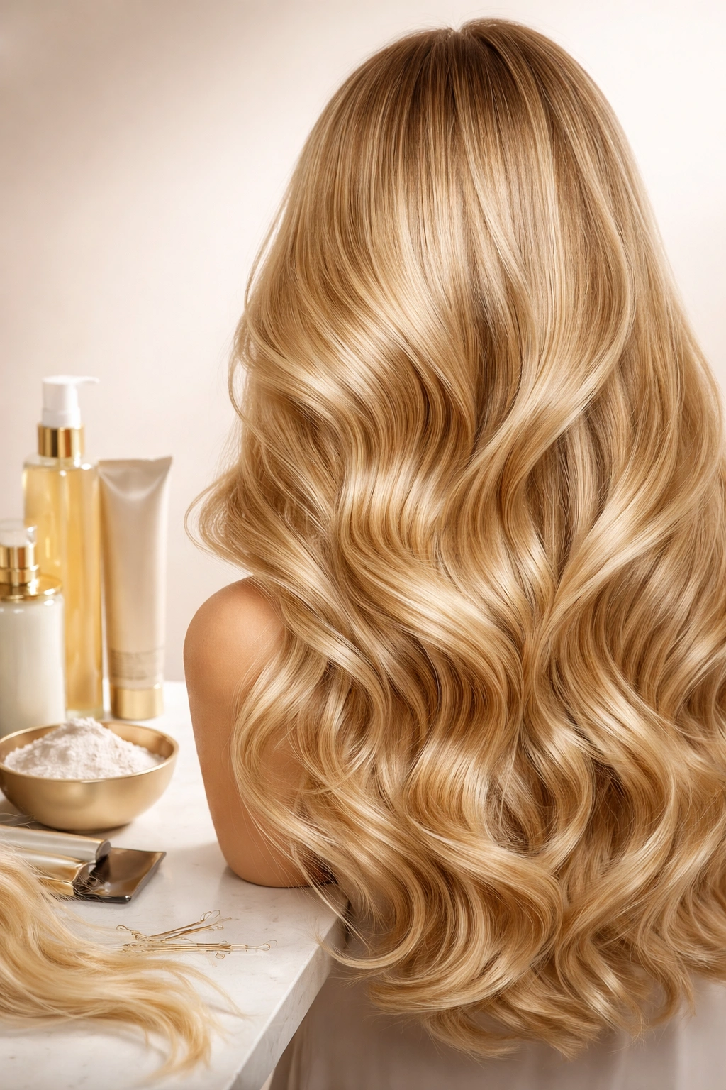 Glossy blonde hair close-up on neutral backdrop