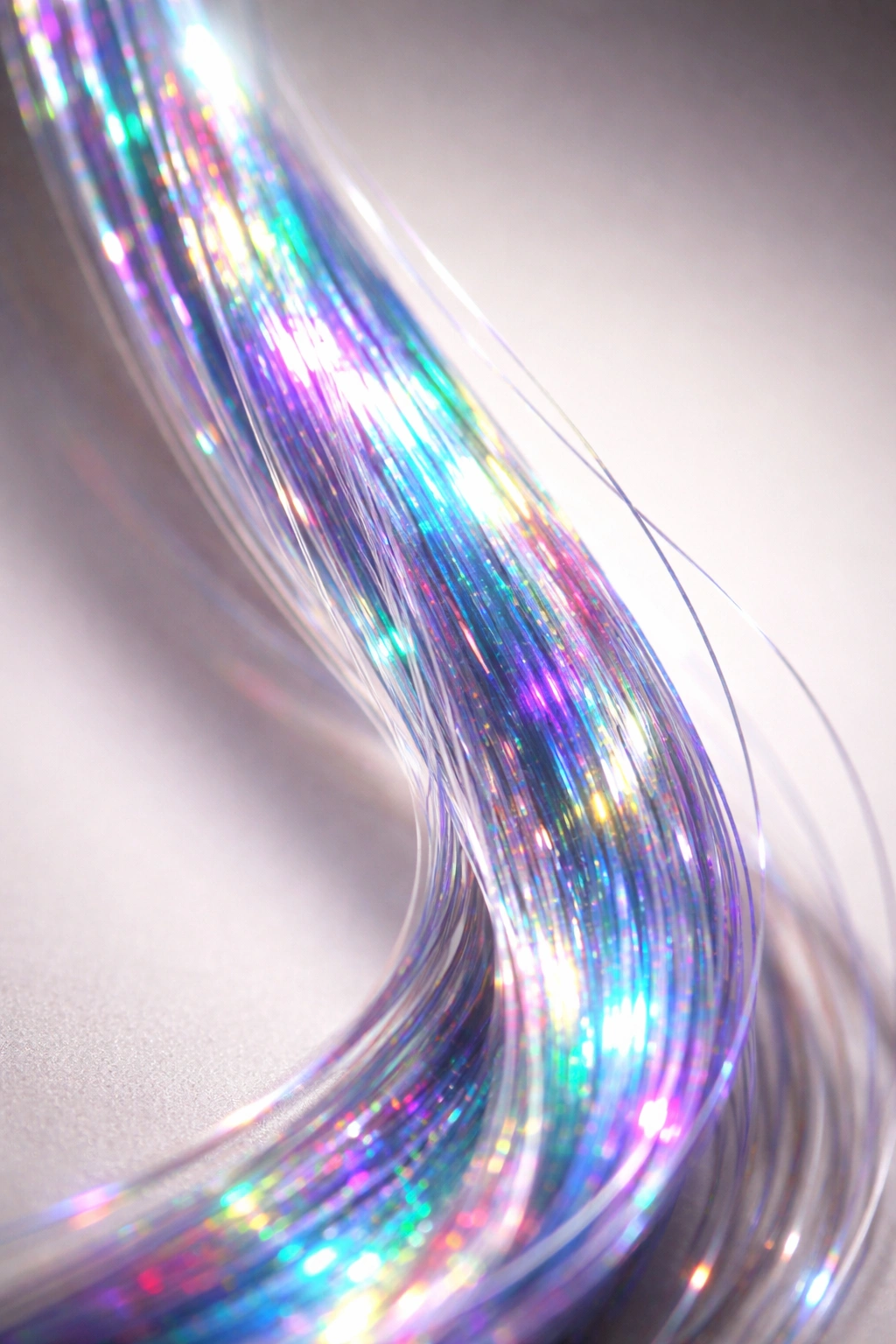 Close-up of premium tinsel strand with silky texture and high-gloss iridescent coating