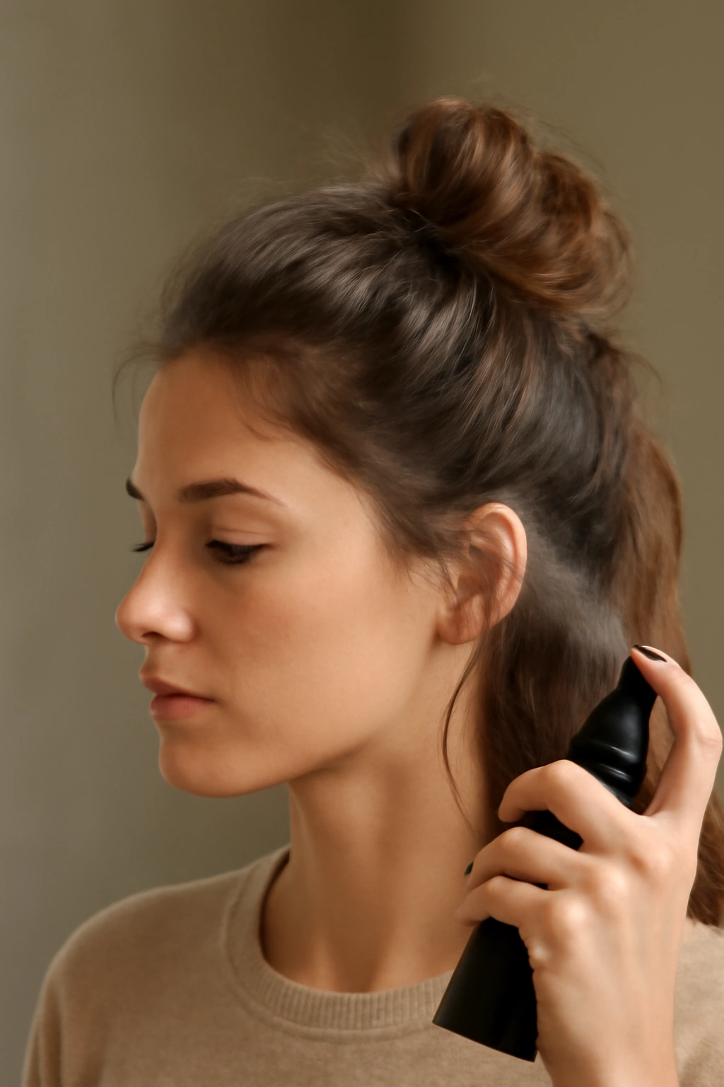 Hands applying texture product to hair before styling a top knot