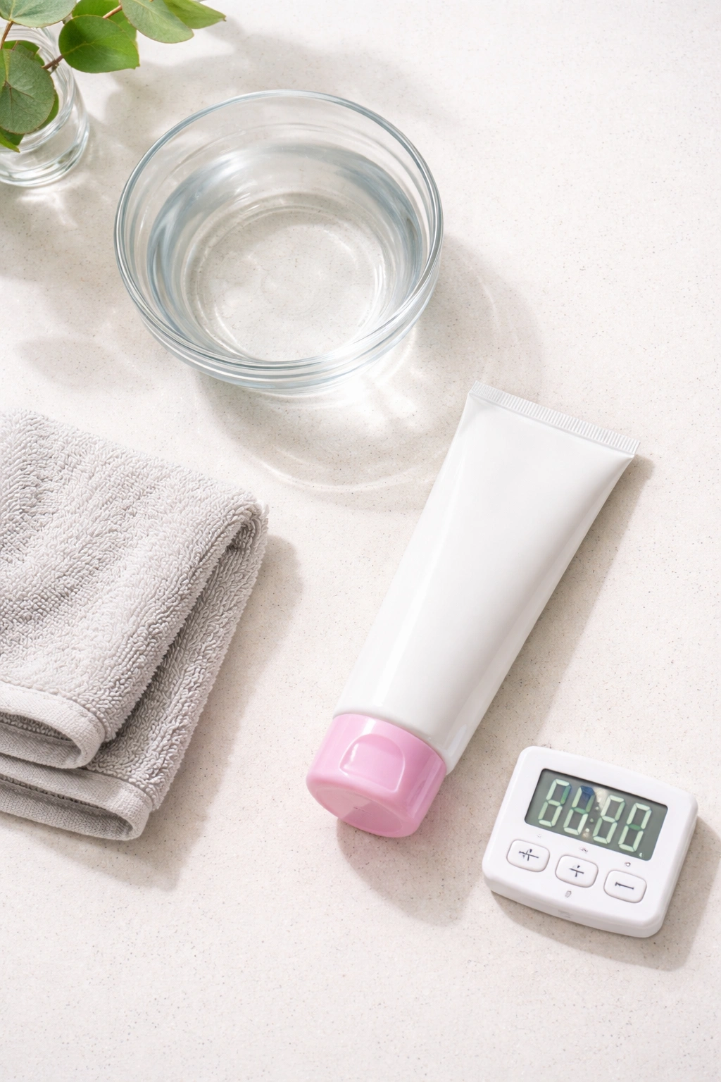 Top-down view of prep items for Nair use: unlabeled tube, timer, washcloth, bowl of water