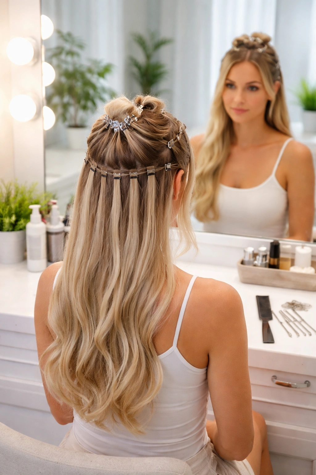 Person with hair sectioned and clipped in a bright bathroom preparing for tape-in removal.