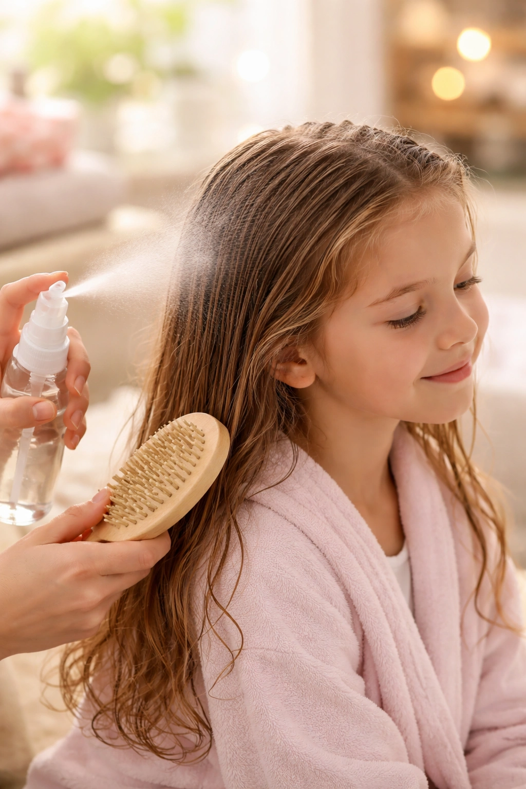 Child's damp hair being misted and brushed during prep