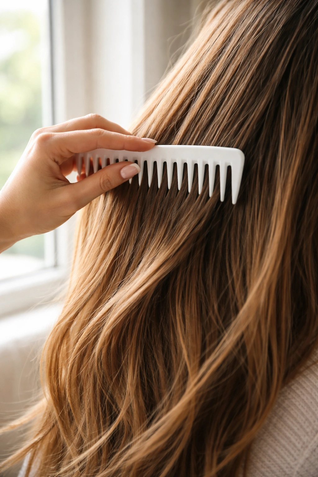 Hand and wide-tooth comb detangling dry hair near a window