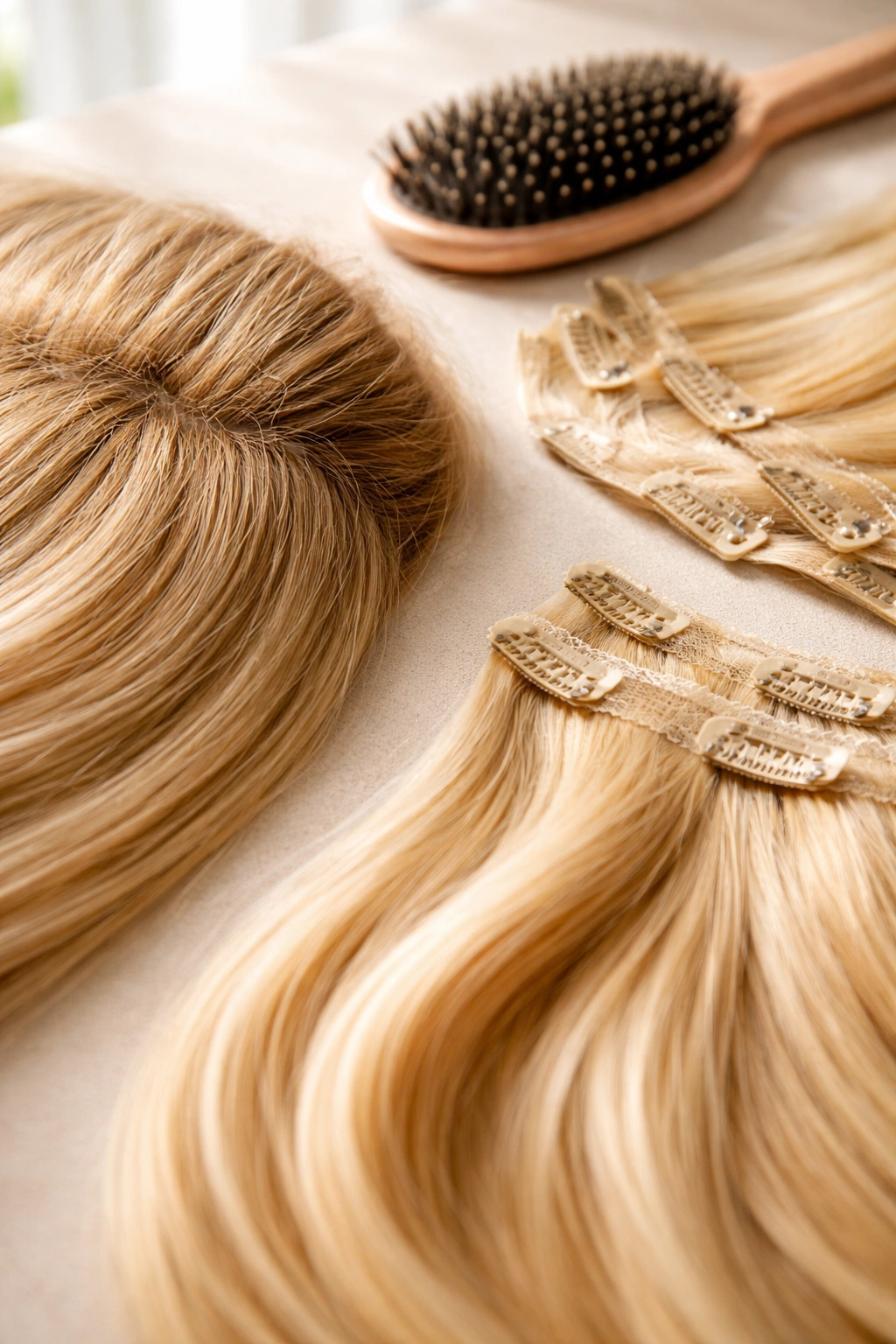 Close-up of brushed natural hair and clip-in extensions showing root texture