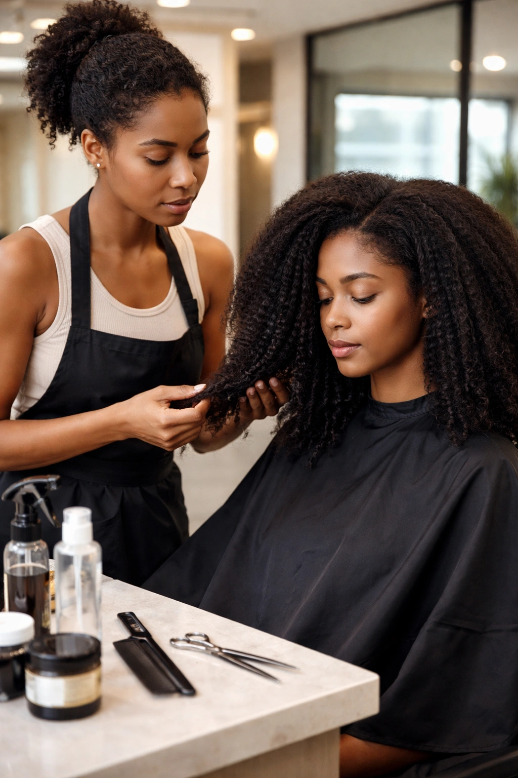 Stylist examining hair ends at prep station before silk press