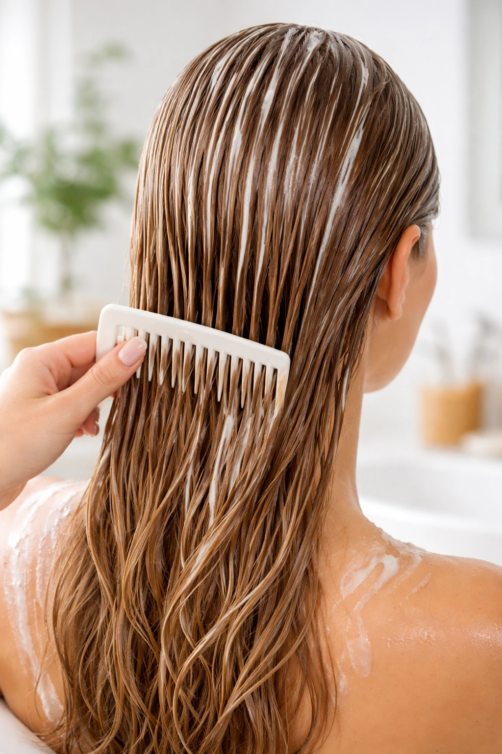 Close-up of hair being conditioned with a comb in a clean prep setting