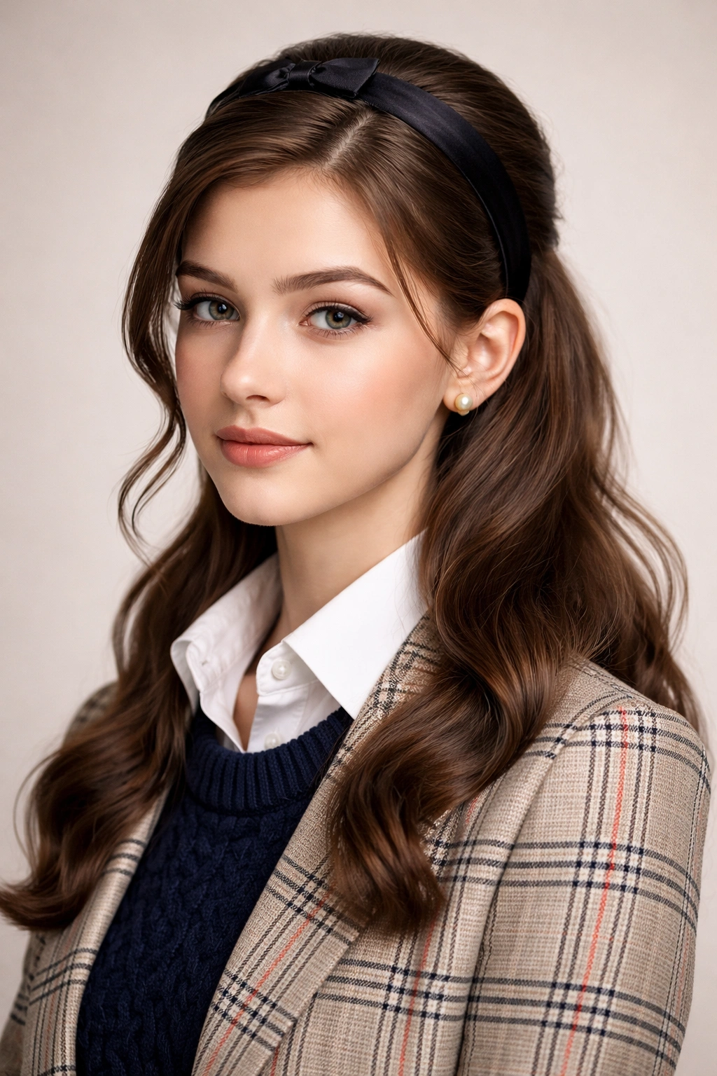 Portrait showing a polished, tailored preppy hairstyle
