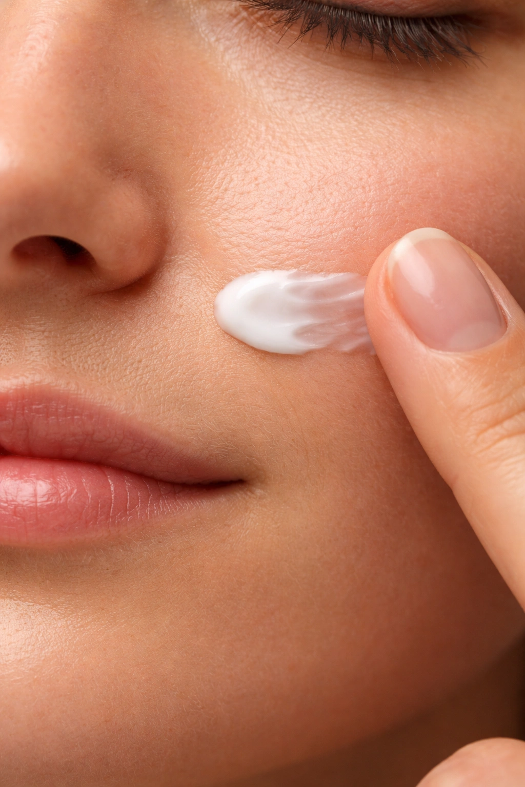 Finger applying cream to facial skin for hair growth suppression
