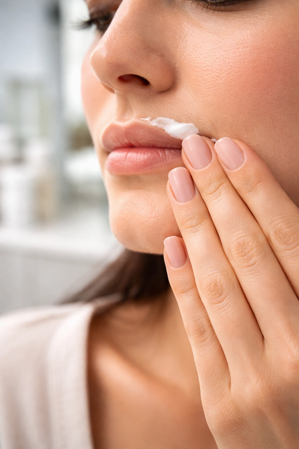 Hand applying cream to facial skin with fine hairs