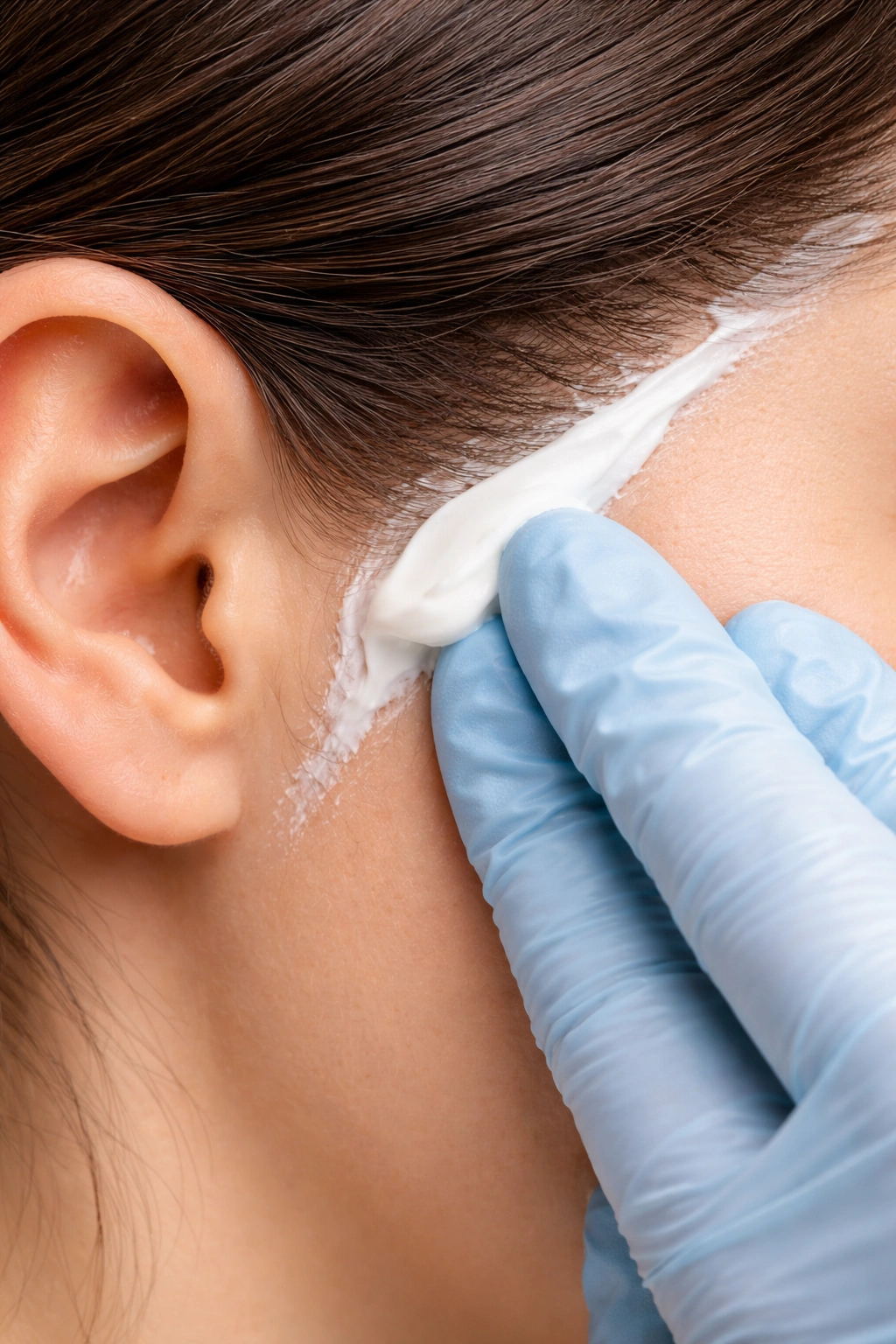Gloved hand applying barrier cream along hairline to prevent dye stains
