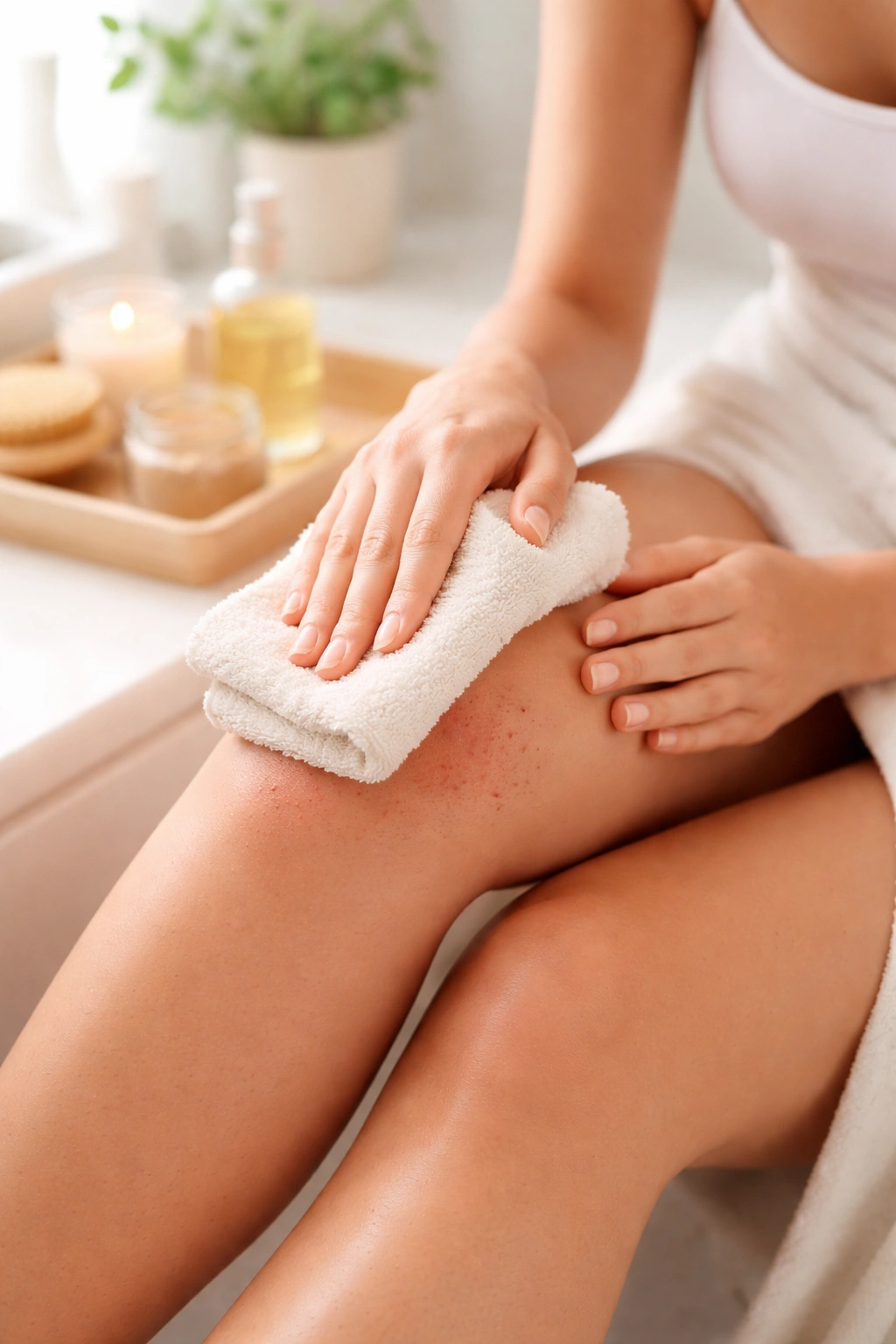 Hand applying warm compress to skin to soothe ingrown bumps