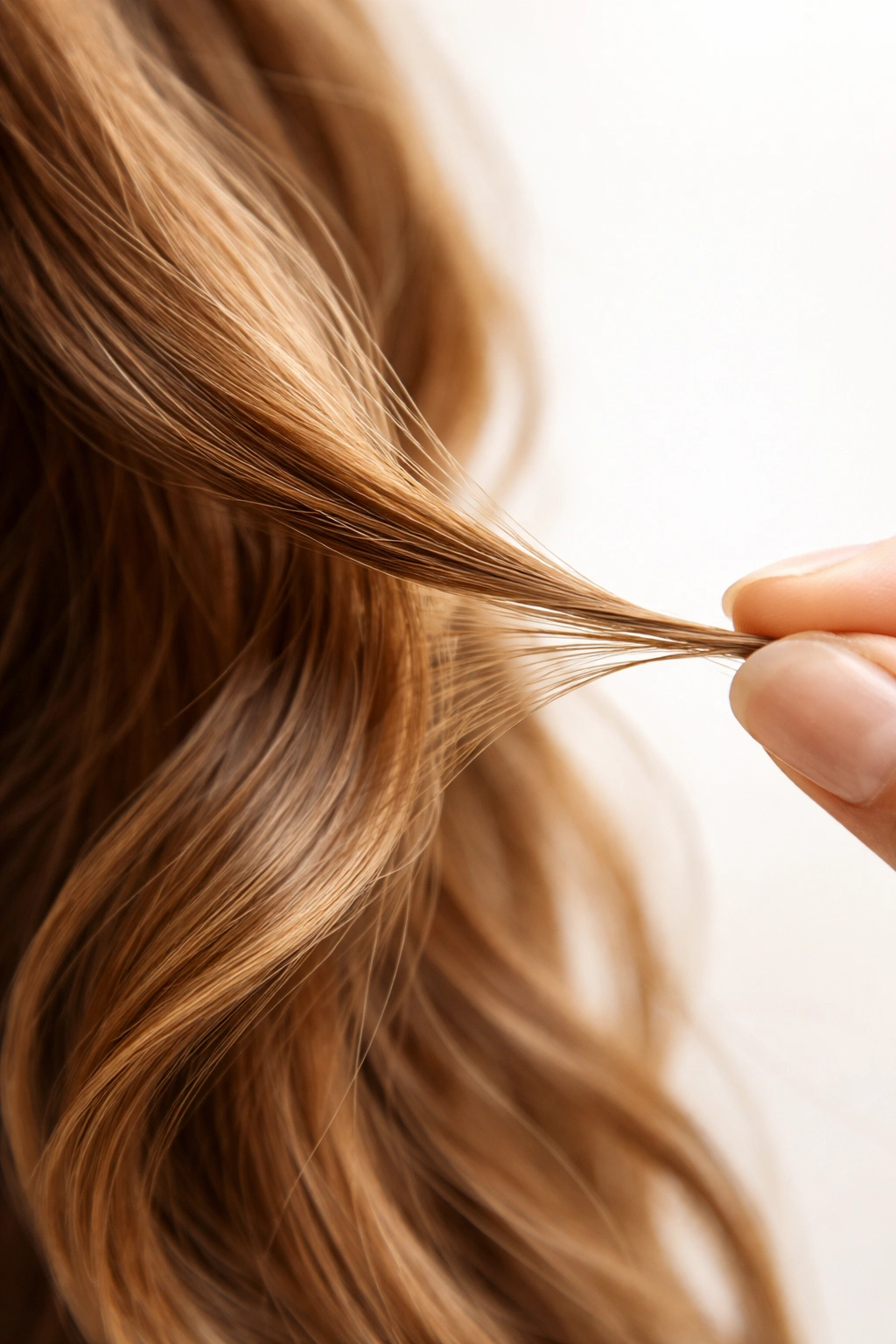 Dry, textured hair strand with natural wave in a studio