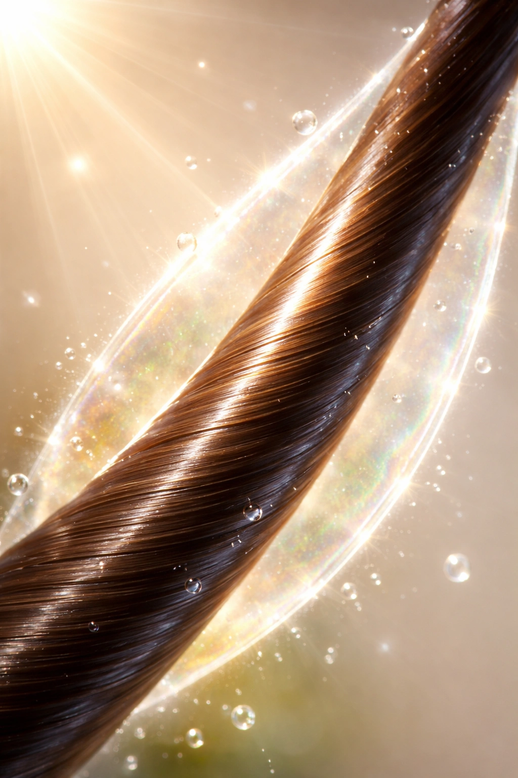 Close-up of a glossy hair strand with a soft protective aura, symbolizing prevention