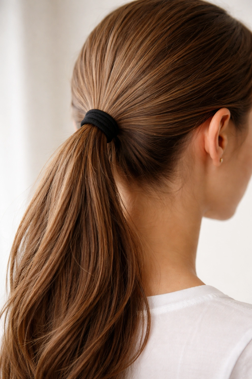 Hair tied back to prevent gum contact with a clean background