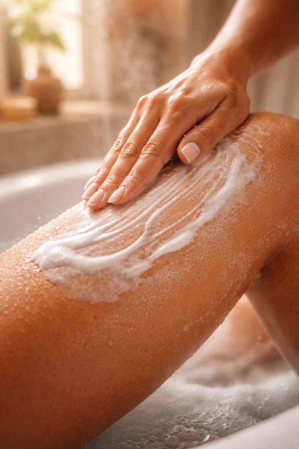 Close-up of skin being prepped with shaving gel to prevent ingrown hairs