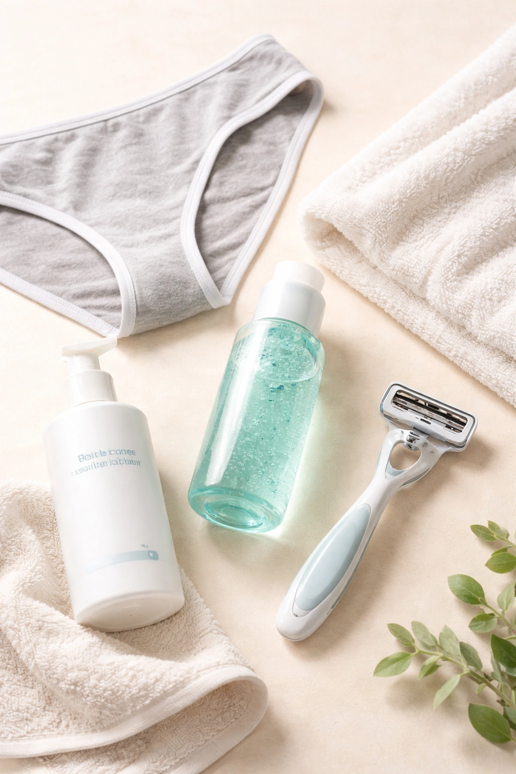 Prevention items for itch defense: moisturizer, razor, gel, underwear, towel