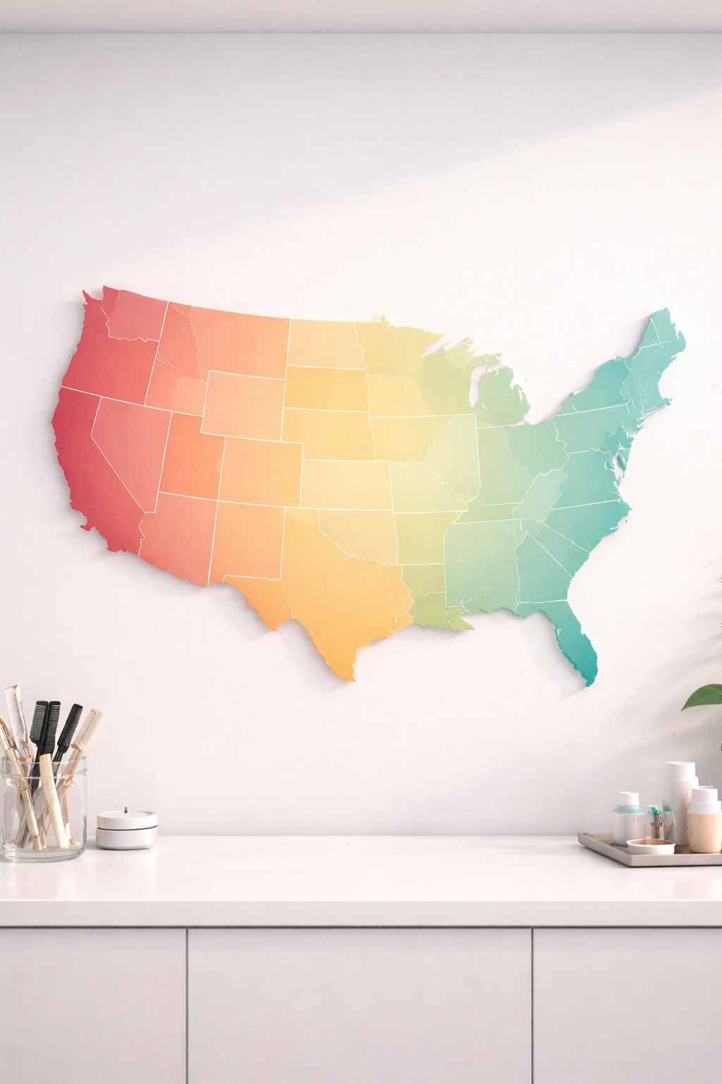 Abstract US map with color gradients indicating regional hair price differences
