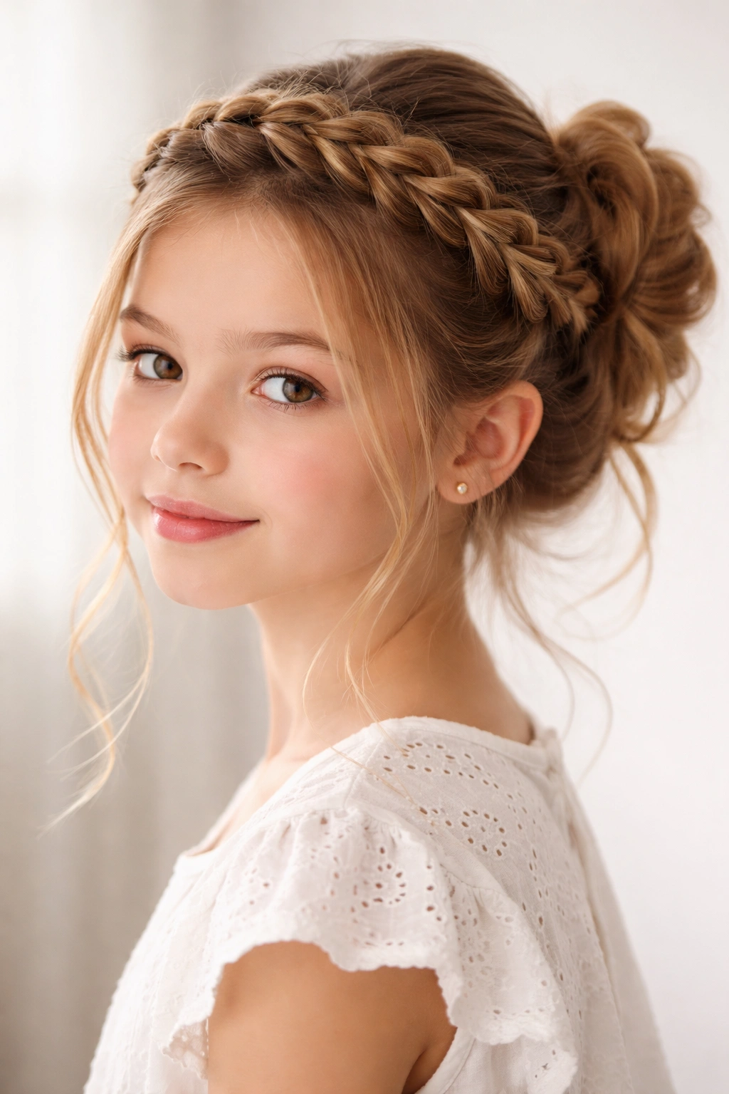 Close-up portrait of a head with a halo braid along the hairline and loose bun at the back