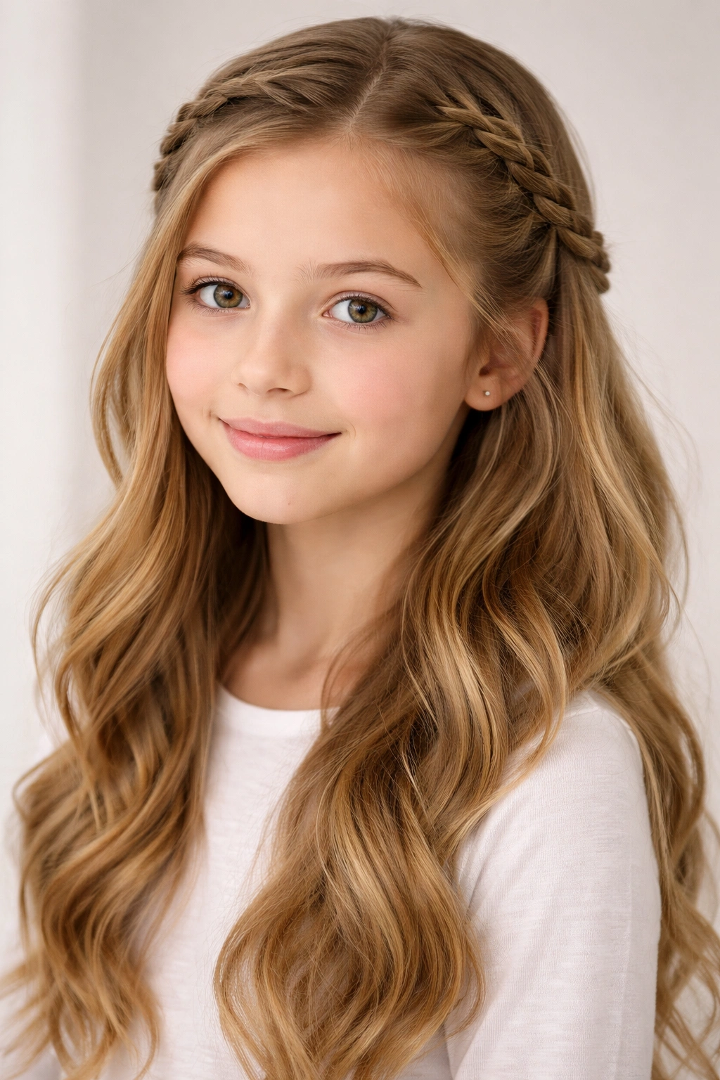 Two princess braids pulled back and joined at the back, loose hair