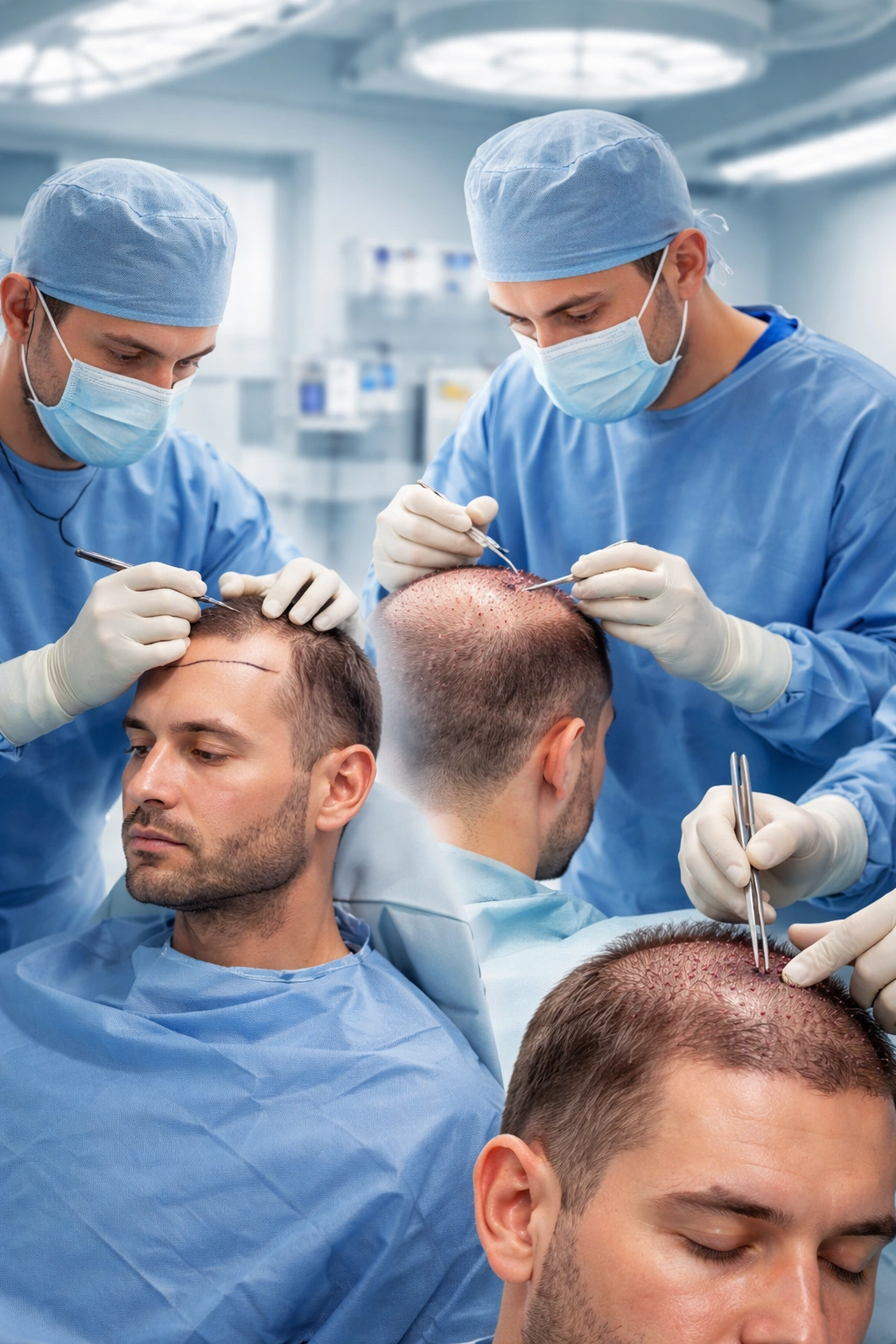 Surgeon harvesting and placing hair grafts on scalp