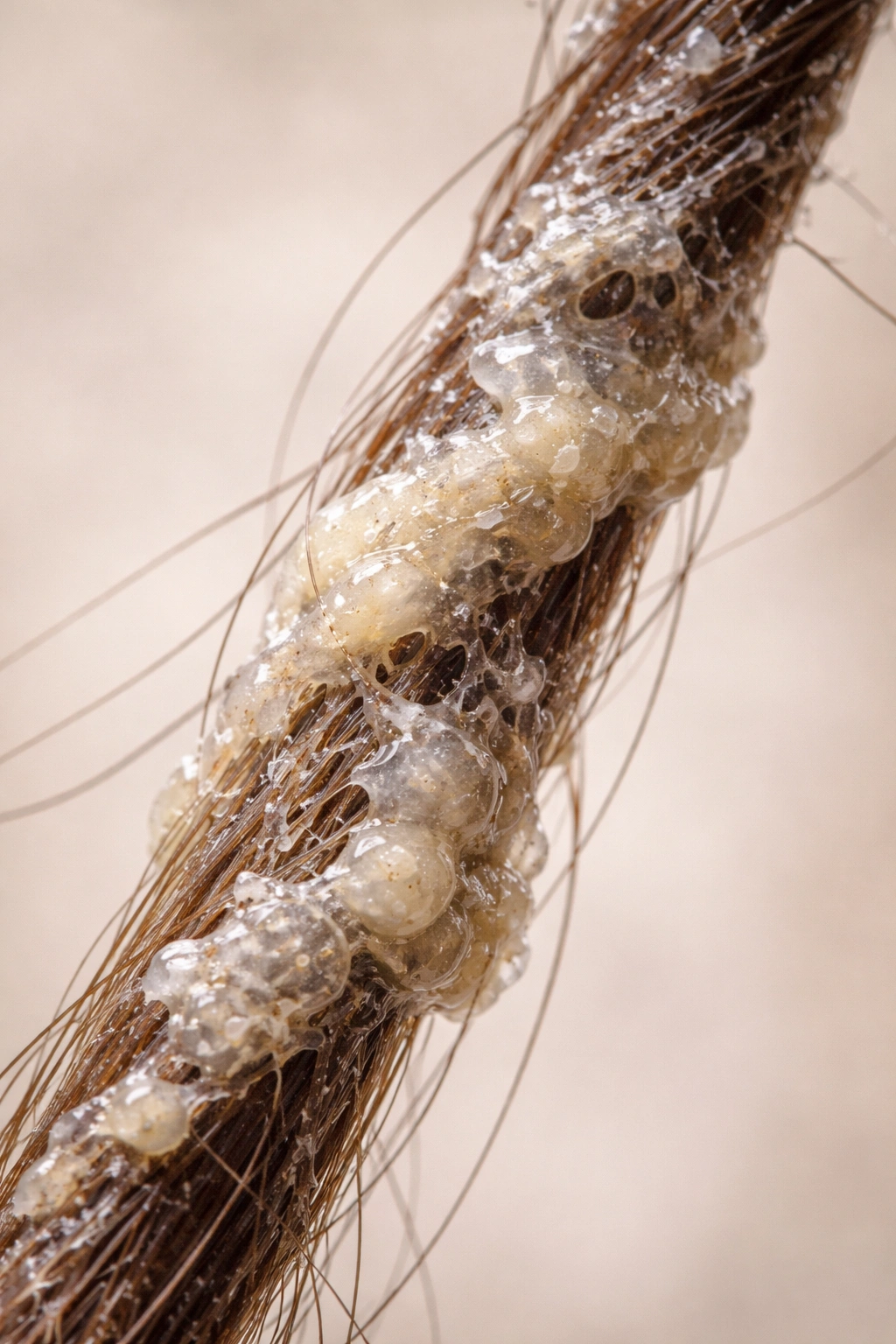 Hair strand with visible product buildup coating