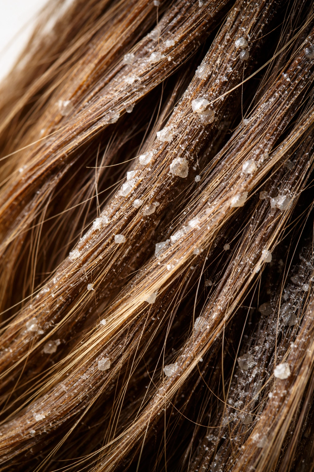 Hair strands showing product buildup residue on the surface