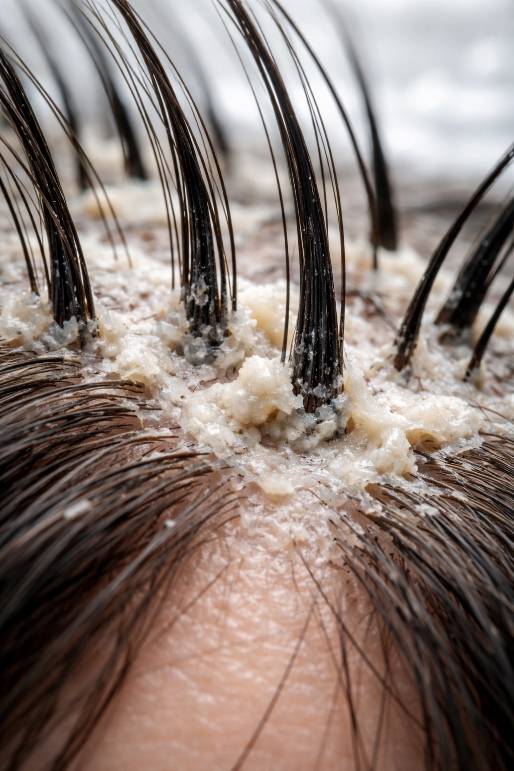 Close-up scalp with white product residue buildup around roots