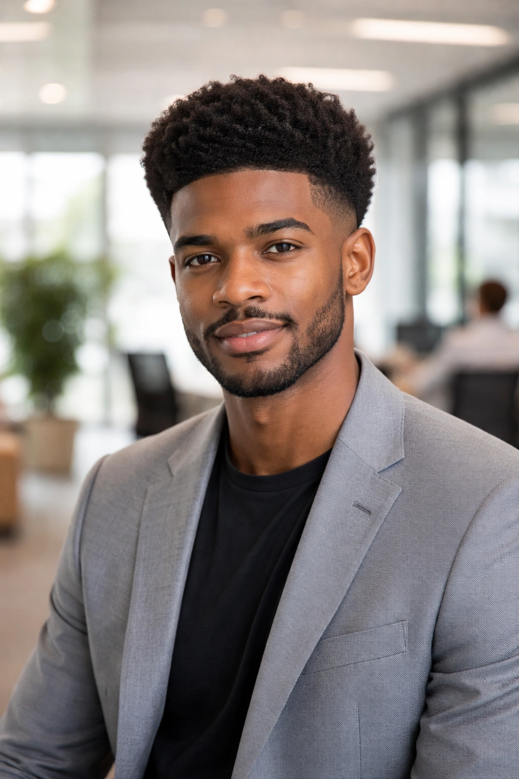 Man with neat afro in professional attire in an office setting