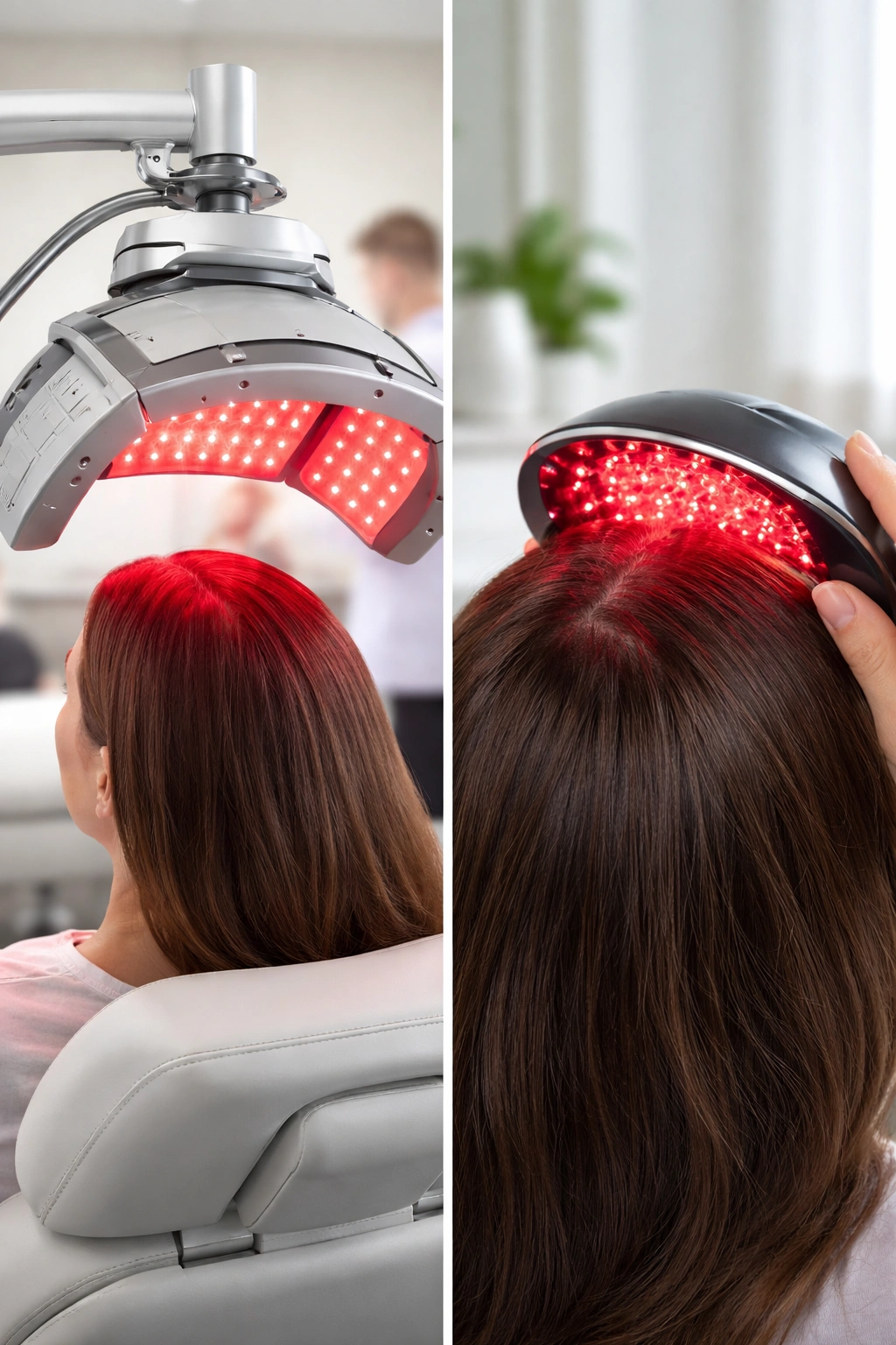 Split-screen showing clinical red light device and home device both aimed at a scalp
