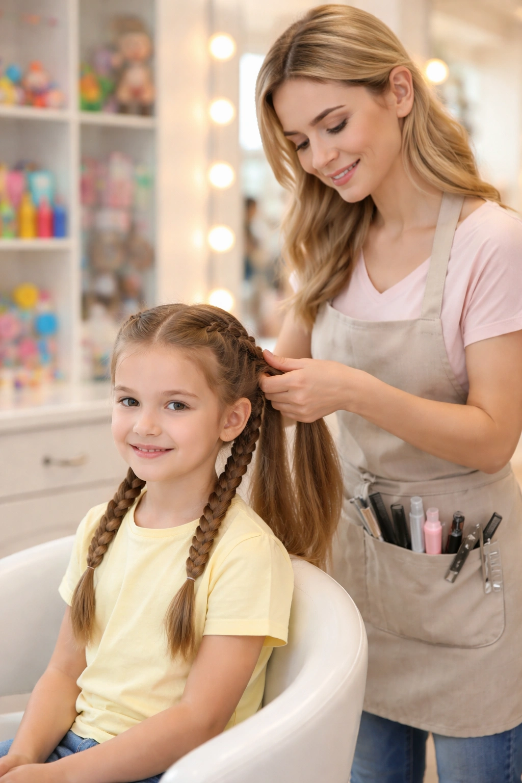 Child receives a professional braid from a stylist in a bright salon